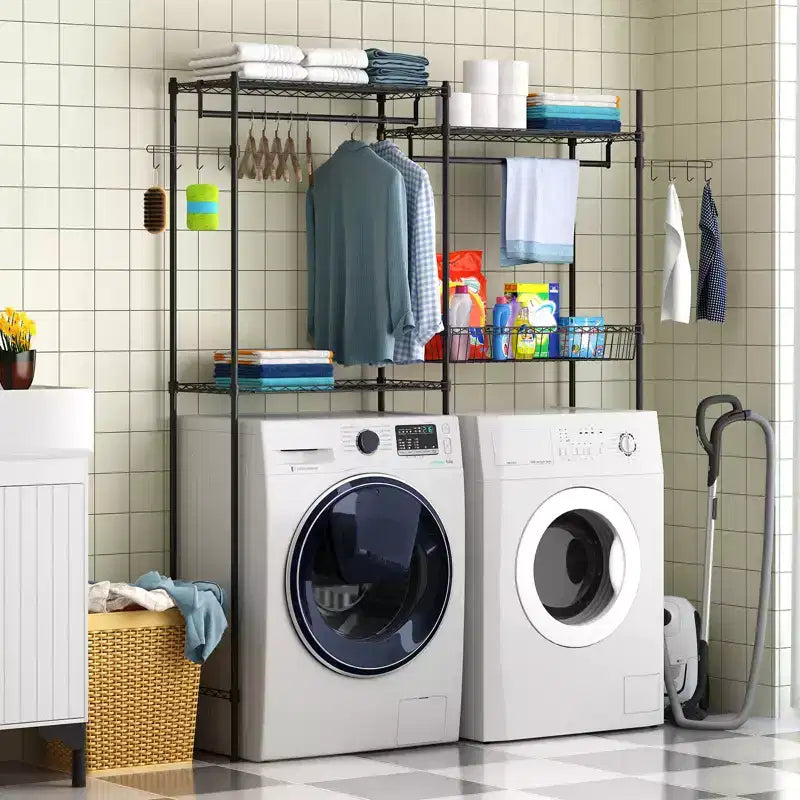 Over the Washer Dryer Storage Organizer with Adjustable Shelves, 57.4 Wide Space-Saving Laundry Shelves with Clothes Drying Rack, Laundry Hamper