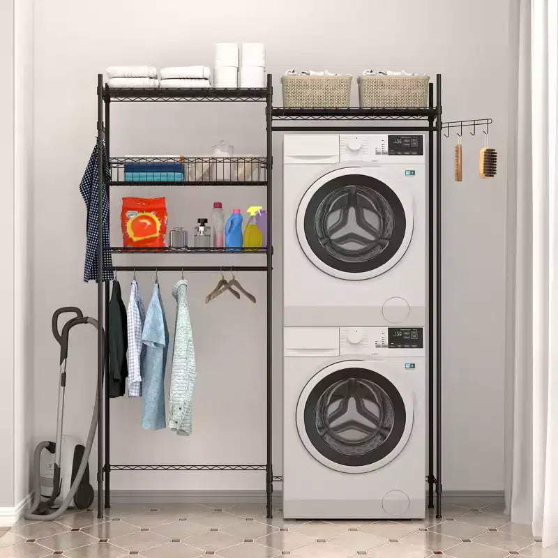 Over the Washer Dryer Storage Organizer with Adjustable Shelves, 57.4 Wide Space-Saving Laundry Shelves with Clothes Drying Rack, Laundry Hamper