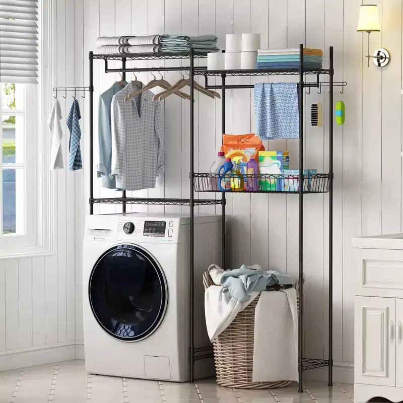 Over the Washer Dryer Storage Organizer with Adjustable Shelves, 57.4 Wide Space-Saving Laundry Shelves with Clothes Drying Rack, Laundry Hamper
