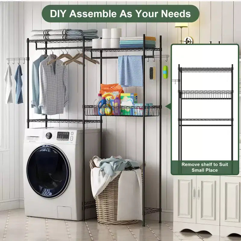 Over the Washer Dryer Storage Organizer with Adjustable Shelves, 57.4 Wide Space-Saving Laundry Shelves with Clothes Drying Rack, Laundry Hamper