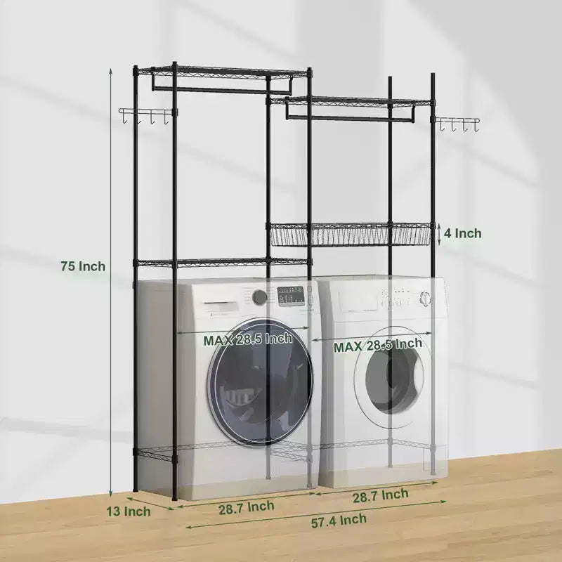 Over the Washer Dryer Storage Organizer with Adjustable Shelves, 57.4 Wide Space-Saving Laundry Shelves with Clothes Drying Rack, Laundry Hamper