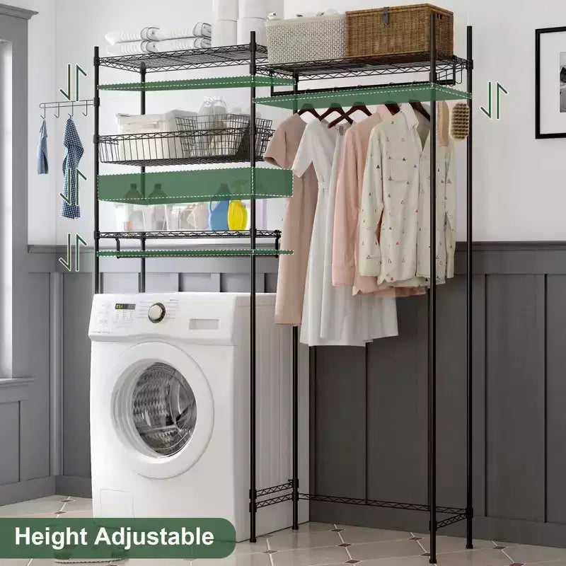 Over the Washer Dryer Storage Organizer with Adjustable Shelves, 57.4 Wide Space-Saving Laundry Shelves with Clothes Drying Rack, Laundry Hamper