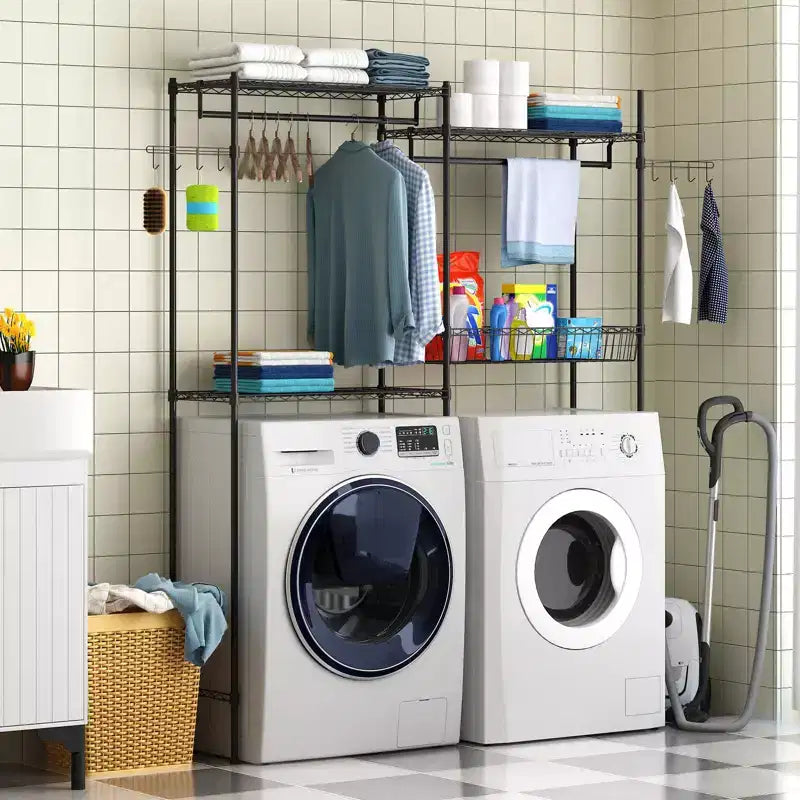 Over the Washer Dryer Storage Organizer with Adjustable Shelves, 57.4 Wide Space-Saving Laundry Shelves with Clothes Drying Rack, Laundry Hamper