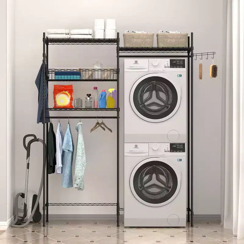 Over the Washer Dryer Storage Organizer with Adjustable Shelves, 57.4 Wide Space-Saving Laundry Shelves with Clothes Drying Rack, Laundry Hamper