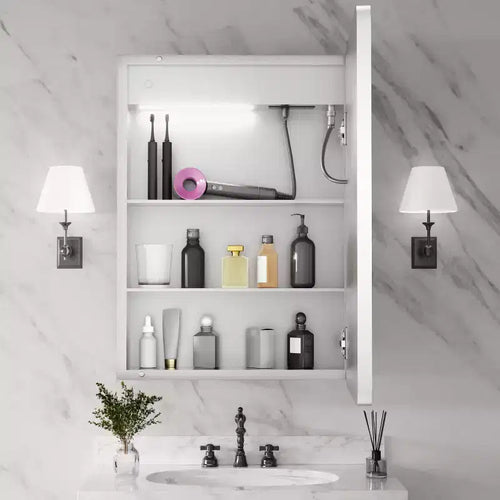 FAMYYT 20 in. W x 28 in. H Rectangular Iron Medicine Cabinet with Mirror, Dimmable LED Light, Anti-Fog and Outlets - Fully Assemble