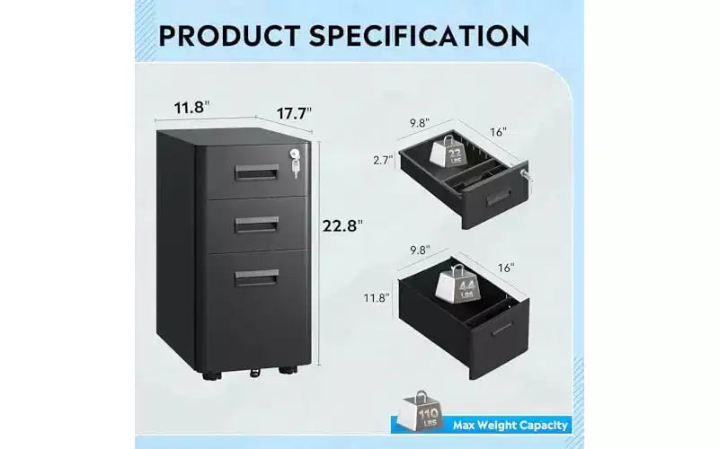DEXYLLO 3 Drawer Mobile File Cabinet with Lock, Under Desk Metal Filing Cabinet for Home Office Fits Legal/Letter/A4 Size