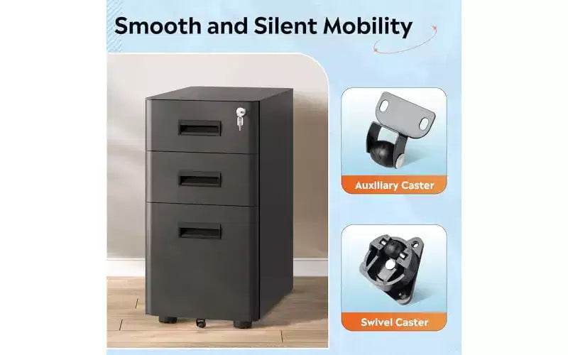 DEXYLLO 3 Drawer Mobile File Cabinet with Lock, Under Desk Metal Filing Cabinet for Home Office Fits Legal/Letter/A4 Size