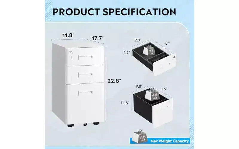 DEXYLLO 3 Drawer Mobile File Cabinet with Lock, Under Desk Metal Filing Cabinet for Home Office Fits Legal/Letter/A4 Size
