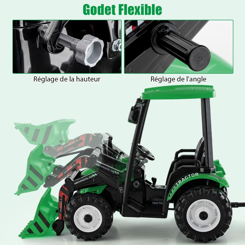 12V Tracteur électrique Enfants avec Pelle&Remorque Amovible Véhicule électrique à 6 Roues avec Télécommande & Musique 3-6 km/h pour 3-8 Ans Jaune/Vert
