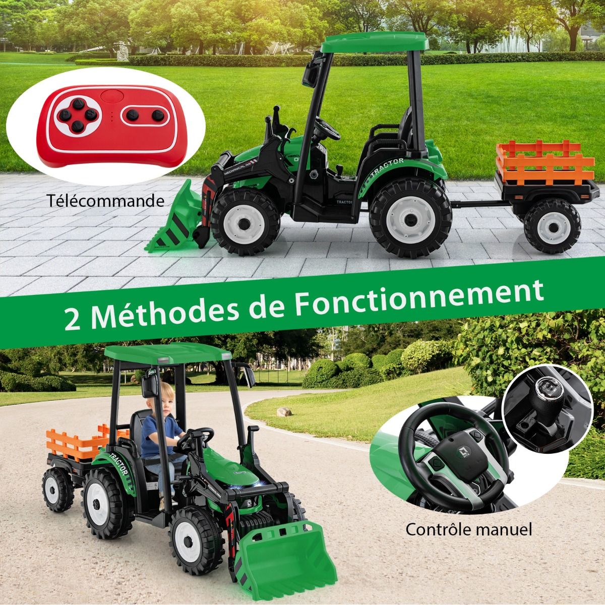 12V Tracteur électrique Enfants avec Pelle&Remorque Amovible Véhicule électrique à 6 Roues avec Télécommande & Musique 3-6 km/h pour 3-8 Ans Jaune/Vert